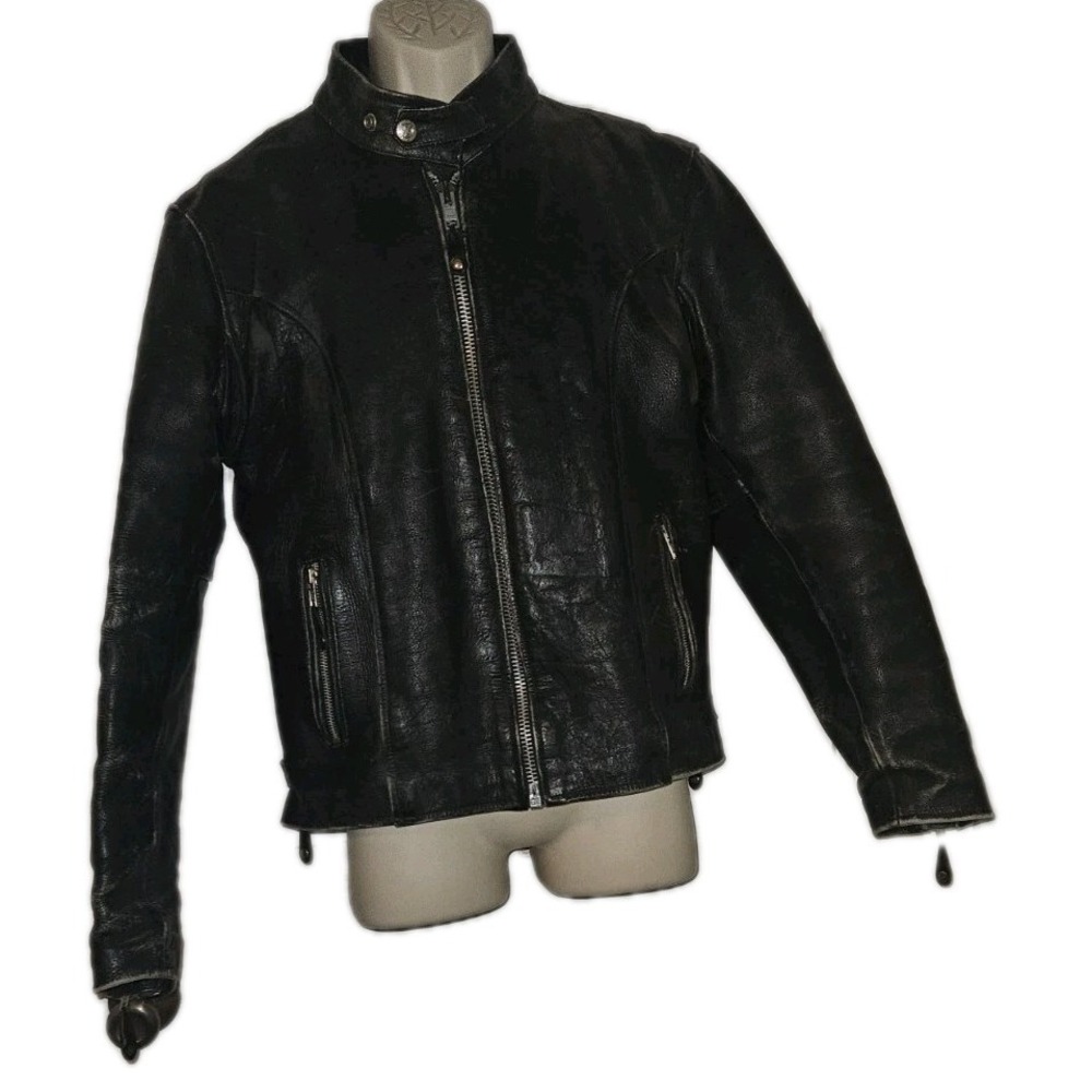 Vtg 90's Black Distressed Xpert Leather Motorcycle Jacket Thinsulate Men's 40/L